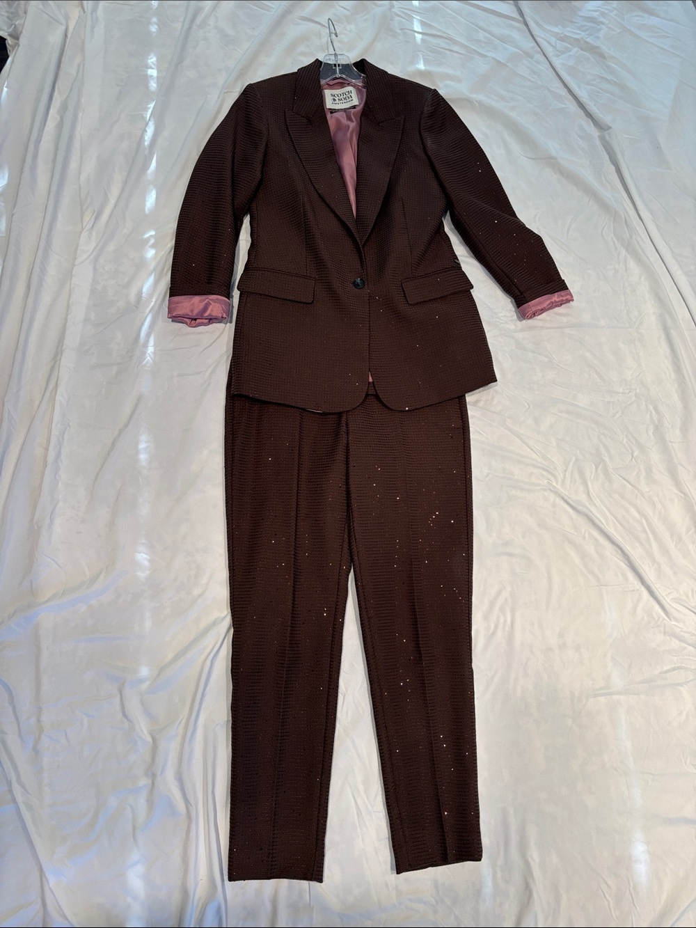 Scotch & Soda Brown sequined Suit Blazer and Trousers with Pink Lining